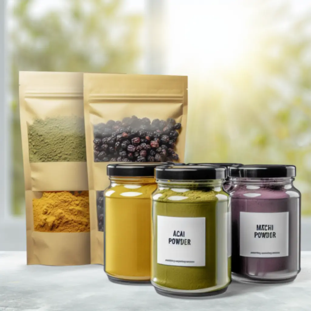 Zestaw popularnych superfoods w ekologicznych opakowaniach