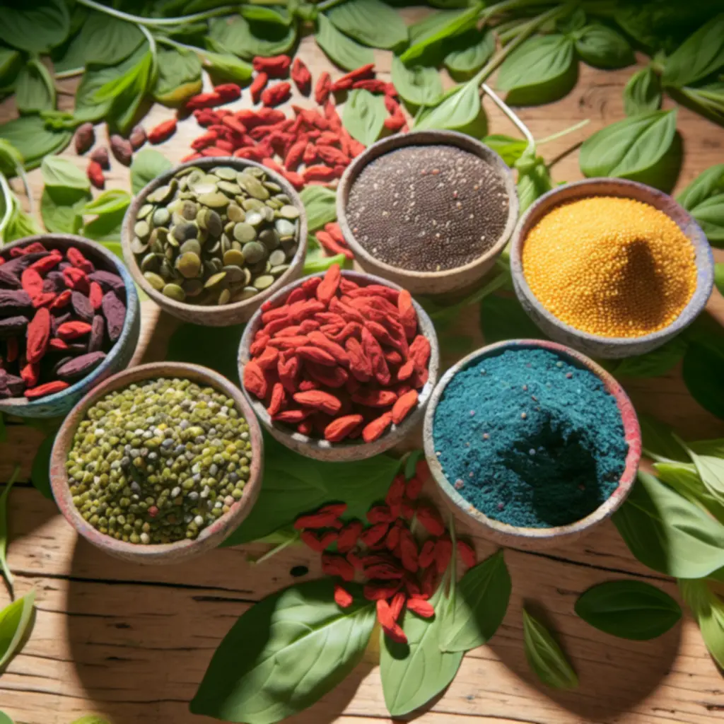 Miska z organicznymi superfoods: świeże owoce, nasiona i zboża